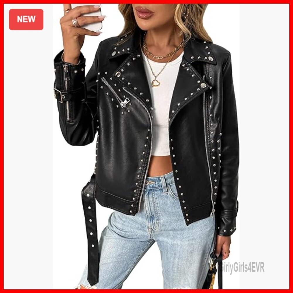 Faux Leather Moto Jacket with Studs and Rivets Punk Style Biker Coat
